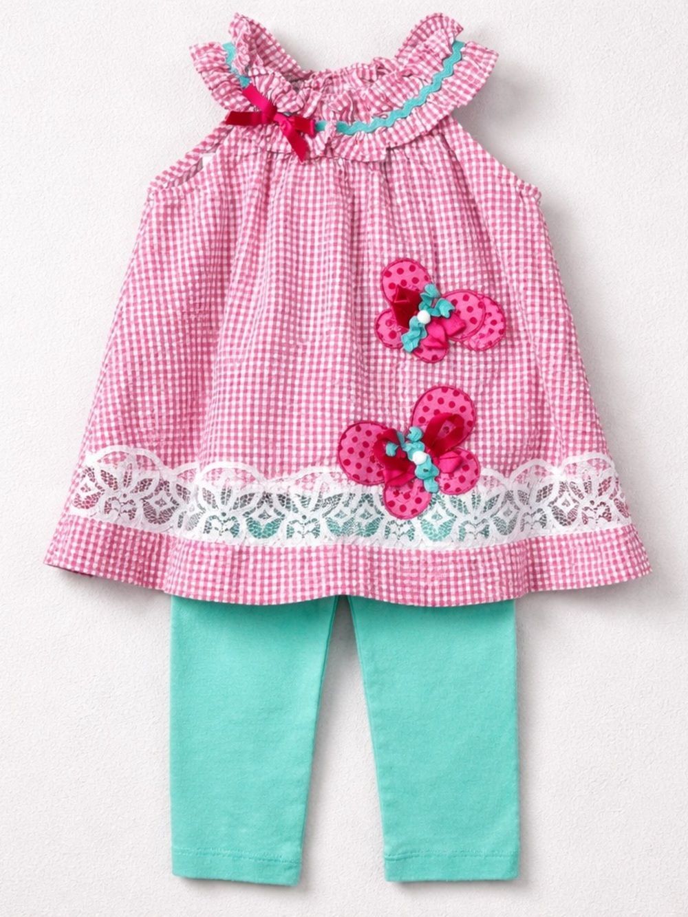 Rare Editions pink Searsucker gingham dress with lace and butterflies
